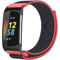 Strap-it Nylon Smartwatch bandje - Geschikt voor Fitbit Charge 5 / Fitbit Charge 6 nylon bandje - koraal/zwart - Horlogeband / Polsband / Armband
