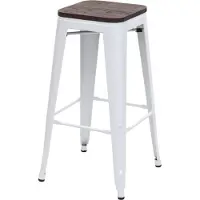 Mendler Barkruk -A73 incl. houten zitting, barkruk tegenkruk, metaal industrieel ontwerp stapelbaar ~ wit