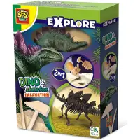 Ses - Explore - Dino en Skelet Opgraven 2 in 1 - Stegosaurus - Bikblok met Skelet - Complete set met Houten Hamer en Beitel - Dinosaurus Speelgoed