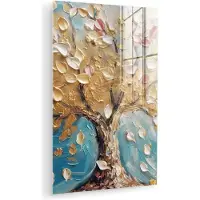 MuchoWow Glasschilderij 120x180 cm - Schilderij acrylglas - Boom - Blauw - Goud - Abstract - Modern - Foto op glas - Muurdecoratie woonkamer - Wanddecoratie slaapkamer - Schilderijen