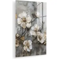 MuchoWow Glasschilderij 100x150 cm - Schilderij acrylglas - Bloemen - Wit - Grijs - Goud - Luxe - Foto op glas - Muurdecoratie woonkamer - Wanddecoratie slaapkamer - Schilderijen