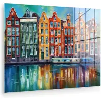 MuchoWow Glasschilderij 120x90 cm - Schilderij acrylglas - Amsterdam - Olieverf - Gracht - Schilderij - Kunst - Foto op glas - Muurdecoratie woonkamer - Wanddecoratie slaapkamer - Schilderijen