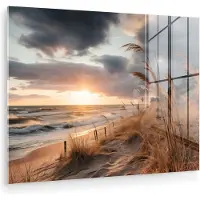 MuchoWow Glasschilderij 80x60 cm - Schilderij acrylglas - Strand - Duinen - Zee - Zand - Helmgras - Foto op glas - Muurdecoratie woonkamer - Wanddecoratie slaapkamer - Schilderijen