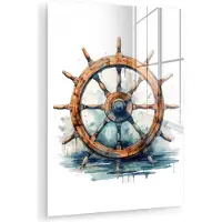 MuchoWow Glasschilderij 90x120 cm - Schilderij acrylglas - Stuur - Schip - Bruin - Blauw - Wit - Maritiem - Foto op glas - Muurdecoratie woonkamer - Wanddecoratie slaapkamer - Schilderijen