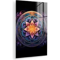 MuchoWow Glasschilderij 80x120 cm - Schilderij acrylglas - Mandala - Bloemen - Paars - Oranje - Zwart - Foto op glas - Muurdecoratie woonkamer - Wanddecoratie slaapkamer - Schilderijen