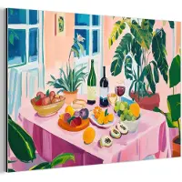 MuchoWow Aluminium schilderij 60x40 cm - Wanddecoratie metaal - Tafel - Wijn - Fruit - Metalen muurdecoratie woonkamer - Decoratie industrieel - Foto op dibond - Industriële accessoires slaapkamer