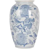 Clayre & Eef Vaas Ø 17x27 cm Wit Blauw Keramiek Vogels op Takken