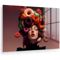 MuchoWow Glasschilderij 180x120 cm - Schilderij acrylglas - Vrouw - Donuts - Kleurrijk - Foto op glas - Muurdecoratie woonkamer - Wanddecoratie slaapkamer - Schilderijen