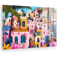 MuchoWow Glasschilderij 180x120 cm - Schilderij acrylglas - Kleurrijk - Roze - Oranje - Geel - Bloemen - Foto op glas - Muurdecoratie woonkamer - Wanddecoratie slaapkamer - Schilderijen