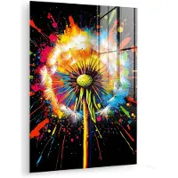 MuchoWow Glasschilderij 90x120 cm - Schilderij acrylglas - Paardenbloem - Graffiti - Kleurrijk - Bloemen - Natuur - Foto op glas - Muurdecoratie woonkamer - Wanddecoratie slaapkamer - Schilderijen