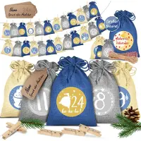 Kesser Adventskalender om zelf te vullen 24 Jute Zakjes Bedrukte Stoffen Kerst Zakjes Incl. 24x Labels + 1 Grote Stoffen Opbergzak Advent Kalender - Blauw / 16 cm x 12 cm