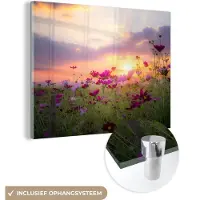 MuchoWow Glasschilderij 160x120 cm - Schilderij acrylglas - Zonsondergang - Bloemen - Roze - Natuur - Groen - Foto op glas - Muurdecoratie woonkamer - Wanddecoratie slaapkamer - Schilderijen