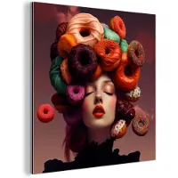 MuchoWow Aluminium schilderij 20x20 cm - Wanddecoratie metaal - Vrouw - Donuts - Kleurrijk - Metalen muurdecoratie woonkamer - Decoratie industrieel - Foto op dibond - Industriële accessoires slaapkamer