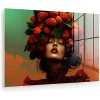 MuchoWow Glasschilderij 180x120 cm - Schilderij acrylglas - Vrouw - Frambozen - Bladeren - Foto op glas - Muurdecoratie woonkamer - Wanddecoratie slaapkamer - Schilderijen