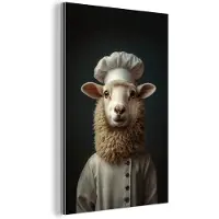 MuchoWow Aluminium schilderij 100x150 cm - Wanddecoratie metaal - Schaap - Wol - Kok - Metalen muurdecoratie woonkamer - Decoratie industrieel - Foto op dibond - Industriële accessoires slaapkamer