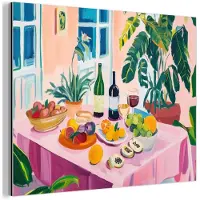 MuchoWow Aluminium schilderij 160x120 cm - Wanddecoratie metaal - Tafel - Wijn - Fruit - Metalen muurdecoratie woonkamer - Decoratie industrieel - Foto op dibond - Industriële accessoires slaapkamer