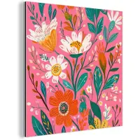 MuchoWow Aluminium schilderij 50x50 cm - Wanddecoratie metaal - Roze - Bloemen - Wit - Oranje - Metalen muurdecoratie woonkamer - Decoratie industrieel - Foto op dibond - Industriële accessoires slaapkamer