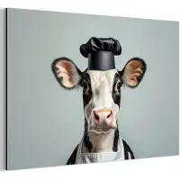 MuchoWow Aluminium schilderij 30x20 cm - Wanddecoratie metaal - Koe - Zwart - Wit - Kok - Metalen muurdecoratie woonkamer - Decoratie industrieel - Foto op dibond - Industriële accessoires slaapkamer