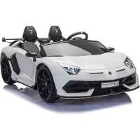 Es-toys Kindervoertuig - Elektrische auto "Lamborghini Aventador SVJ" (voor twee personen) - met licentie - 12V7AH, 2 motoren - 2.4GHz afstandsbediening, MP3-speler, lederen stoel + EVA-materiaal + wit gelakt