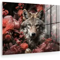 MuchoWow Glasschilderij 160x120 cm - Schilderij acrylglas - Wolf - Dier - Bloemen - Botanisch - Natuur - Fantasie - Foto op glas - Muurdecoratie woonkamer - Wanddecoratie slaapkamer - Schilderijen