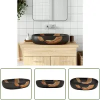 vidaXL Wastafel - Opzetwasbak - Opzetwasbak ovaal 59x40x14 cm keramiek zwart - Badkamermeubel - Keramiek - Zwarte Badkamer