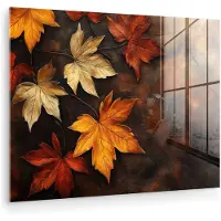 MuchoWow Glasschilderij 160x120 cm - Schilderij acrylglas - Herfstbladeren - Bruin - Oranje bladeren - Herfst rood - Foto op glas - Muurdecoratie woonkamer - Wanddecoratie slaapkamer - Schilderijen
