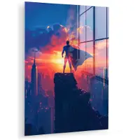 MuchoWow Glasschilderij 30x40 cm - Schilderij acrylglas - Superheld - Stad - Jongens - Kleurrijk - Zon - Foto op glas - Muurdecoratie woonkamer - Wanddecoratie slaapkamer - Schilderijen