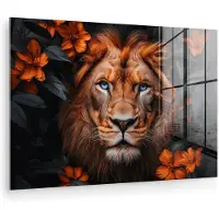 MuchoWow Glasschilderij 150x100 cm - Schilderij acrylglas - Leeuw - Dieren portret - Natuur - Bloemen - Dier - Foto op glas - Muurdecoratie woonkamer - Wanddecoratie slaapkamer - Schilderijen