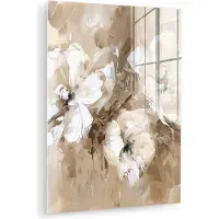 MuchoWow Glasschilderij 90x120 cm - Schilderij acrylglas - Bloemen - Beige - Abstract - Modern - Foto op glas - Muurdecoratie woonkamer - Wanddecoratie slaapkamer - Schilderijen