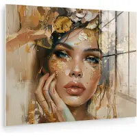 MuchoWow Glasschilderij 160x120 cm - Schilderij acrylglas - Vrouw - Bloemen - Goud - Portret - Foto op glas - Muurdecoratie woonkamer - Wanddecoratie slaapkamer - Schilderijen