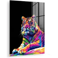 MuchoWow Glasschilderij 120x160 cm - Schilderij acrylglas - Tijger - Kleurrijk - Dieren - Zwart - Neon - Foto op glas - Muurdecoratie woonkamer - Wanddecoratie slaapkamer - Schilderijen