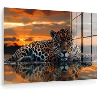 MuchoWow Glasschilderij 150x100 cm - Schilderij acrylglas - Natuur - Luipaard - Dier - Zonsondergang - Modern - Foto op glas - Muurdecoratie woonkamer - Wanddecoratie slaapkamer - Schilderijen
