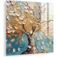 MuchoWow Glasschilderij 90x90 cm - Schilderij acrylglas - Boom - Blauw - Goud - Abstract - Modern - Foto op glas - Muurdecoratie woonkamer - Wanddecoratie slaapkamer - Schilderijen