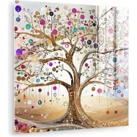 MuchoWow Glasschilderij 50x50 cm - Schilderij acrylglas - Levensboom - Goud - Kleurrijk - Abstract - Aesthetic - Foto op glas - Muurdecoratie woonkamer - Wanddecoratie slaapkamer - Schilderijen