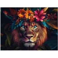 PosterMonkey Poster 120x90 cm - Leeuw - Bloemen - Bladeren - Dieren - Kleurrijk - Posters - Kamer decoratie - Wanddecoratie woonkamer - Muurdecoratie slaapkamer