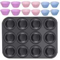Iso Trade Muffin bakvorm - 12 cups - grafiet - staal en siliconen - 35 x 26,5 cm - cupcakevorm