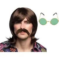 Boland Hippie Sixties verkleedset - Pruik lang haar en plaksnor bruin - bril groen met ronde glazen - heren - Flower Power look