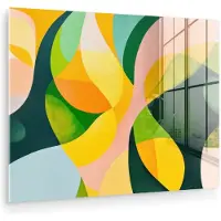 MuchoWow Glasschilderij 80x60 cm - Schilderij acrylglas - Abstract - Geel - Roze - Groen - Foto op glas - Muurdecoratie woonkamer - Wanddecoratie slaapkamer - Schilderijen
