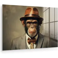 MuchoWow Glasschilderij 150x100 cm - Schilderij acrylglas - Vintage - Aap - Hoed - Pak - Grijs - Dieren - Chimpansee - Foto op glas - Muurdecoratie woonkamer - Wanddecoratie slaapkamer - Schilderijen