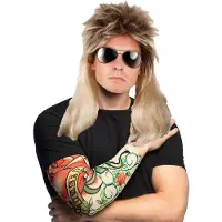 Boland Rocker/Biker verkleedset heren - wilde carnaval verkleed pruik - met 2 Tattoo sleeves roses/tribal