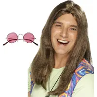 Smiffys Hippie Sixties verkleed set - Pruik lang haar bruin - bril ronde glazen roze - heren