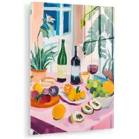 MuchoWow Glasschilderij 30x40 cm - Schilderij acrylglas - Tafel - Wijn - Fruit - Foto op glas - Muurdecoratie woonkamer - Wanddecoratie slaapkamer - Schilderijen
