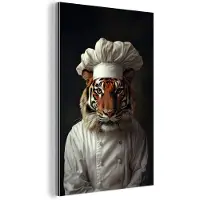 MuchoWow Aluminium schilderij 60x90 cm - Wanddecoratie metaal - Tijger - Kokskleding - Bruin - Metalen muurdecoratie woonkamer - Decoratie industrieel - Foto op dibond - Industriële accessoires slaapkamer