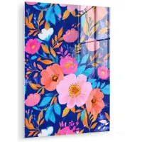 MuchoWow Glasschilderij 120x160 cm - Schilderij acrylglas - Bloemen - Blauw - Roze - Foto op glas - Muurdecoratie woonkamer - Wanddecoratie slaapkamer - Schilderijen