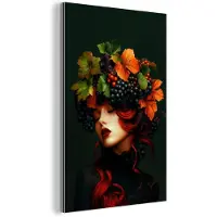 MuchoWow Aluminium schilderij 60x90 cm - Wanddecoratie metaal - Vrouw - Rood - Groen - Druiven - Metalen muurdecoratie woonkamer - Decoratie industrieel - Foto op dibond - Industriële accessoires slaapkamer