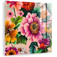 MuchoWow Glasschilderij 50x50 cm - Schilderij acrylglas - Bloemen - Kleurrijk - Roze - Foto op glas - Muurdecoratie woonkamer - Wanddecoratie slaapkamer - Schilderijen