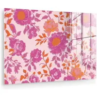 MuchoWow Glasschilderij 150x100 cm - Schilderij acrylglas - Bloemenpatroon - Roze - Oranje - Bloemen - Foto op glas - Muurdecoratie woonkamer - Wanddecoratie slaapkamer - Schilderijen