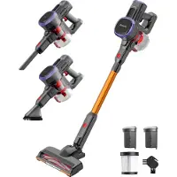 Auronic Steelstofzuiger Draadloos 220W - Draadloze Stofzuiger - HEPA Filter - Zelfstaand - Extra Accu - Op Accu - Zonder Zak - Kruimeldief - Vacuum Cleaner - Grijs/Oranje