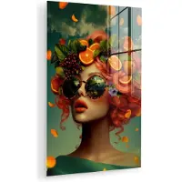 MuchoWow Glasschilderij 120x180 cm - Schilderij acrylglas - Vrouw - Sinaasappel - Bessen - Oranje - Foto op glas - Muurdecoratie woonkamer - Wanddecoratie slaapkamer - Schilderijen