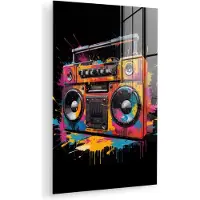 MuchoWow Glasschilderij 120x180 cm - Schilderij acrylglas - Radio - Graffiti - Box - Kleuren - Zwart - Foto op glas - Muurdecoratie woonkamer - Wanddecoratie slaapkamer - Schilderijen